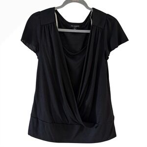 I.N. Studio Petite PL Black Draped Surplice Short Sleeve Top Banded Hem 5441A51